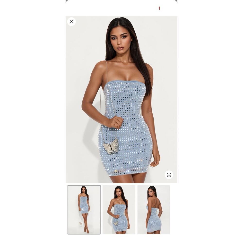 Glitz And Glam Rhinestone Mini Dress - Light Blue Size: XL